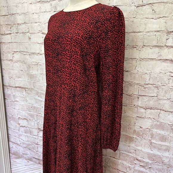 LOFT Womens Midi Dress Size 4 Red Animal Print Cheetah Long Sleeve Side Slit NEW - Picture 6 of 11